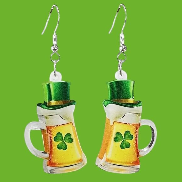 St Patricks Day Earrings Beer Shamrock Leprechaun Hat Dangle Hooks Parad… - Picture 3 of 9